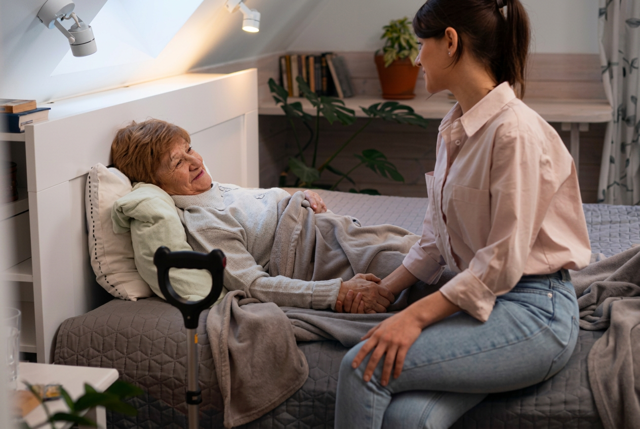 Caregiver sitting with a resting older adult at home